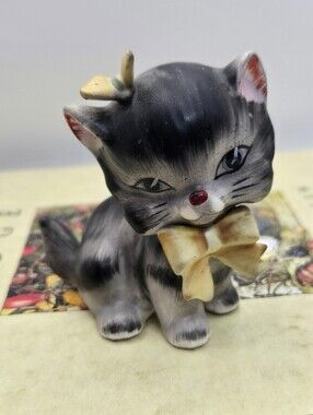 Vintage Lefton Ceramic Kitten Figurine #150 With Bow Hand Painted